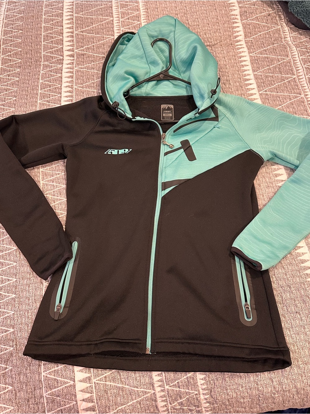 Women's Black and Teal Softshell Jacket with Hood